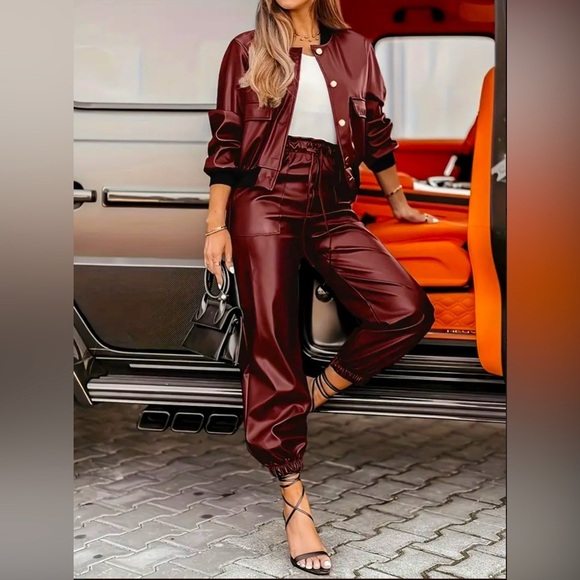 Pants - 2 Piece: PU Leather Jacket w/Faux & Matching Drawstring Pants, NWOT